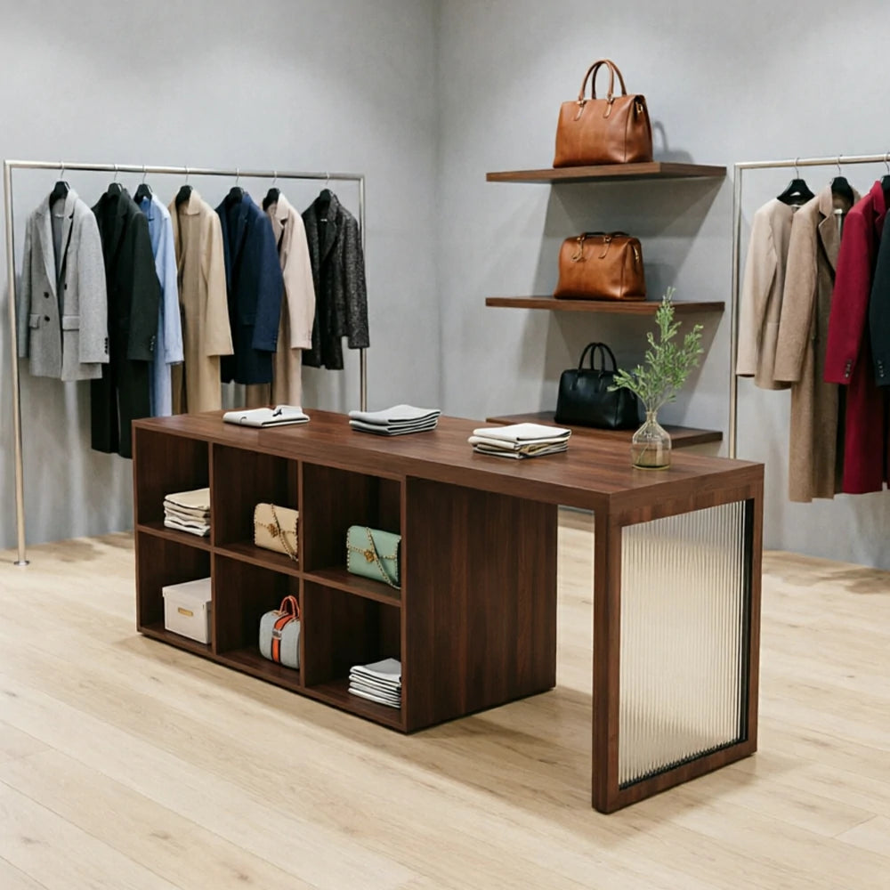 LIVARA 120/180cm Retail Island Display Cabinet with 6-Compartment Storage for Clothing Store - Walnut