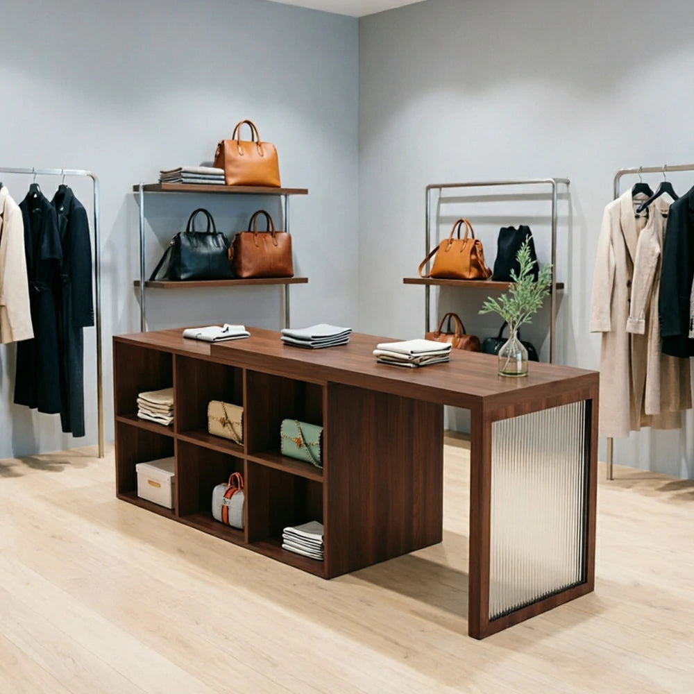 LIVARA 120/180cm Retail Island Display Cabinet with 6-Compartment Storage for Clothing Store - Walnut