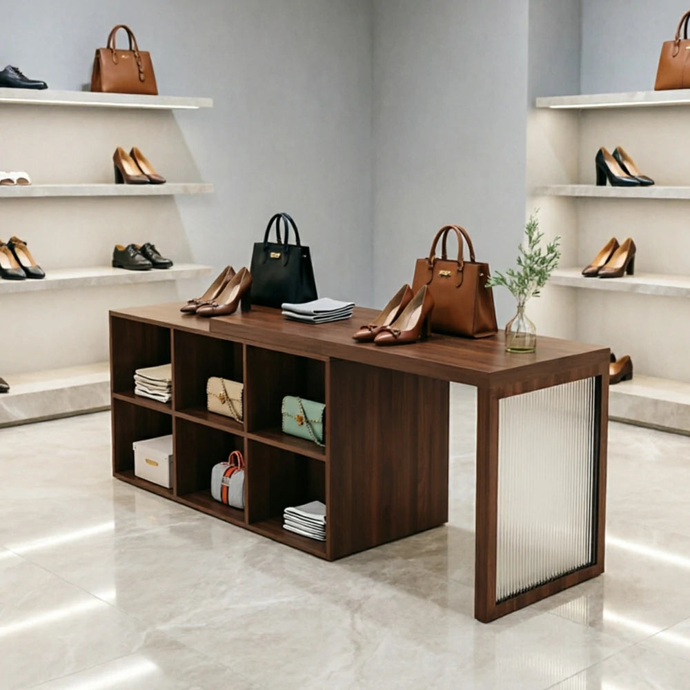 LIVARA 120/180cm Retail Island Display Cabinet with 6-Compartment Storage for Clothing Store - Walnut