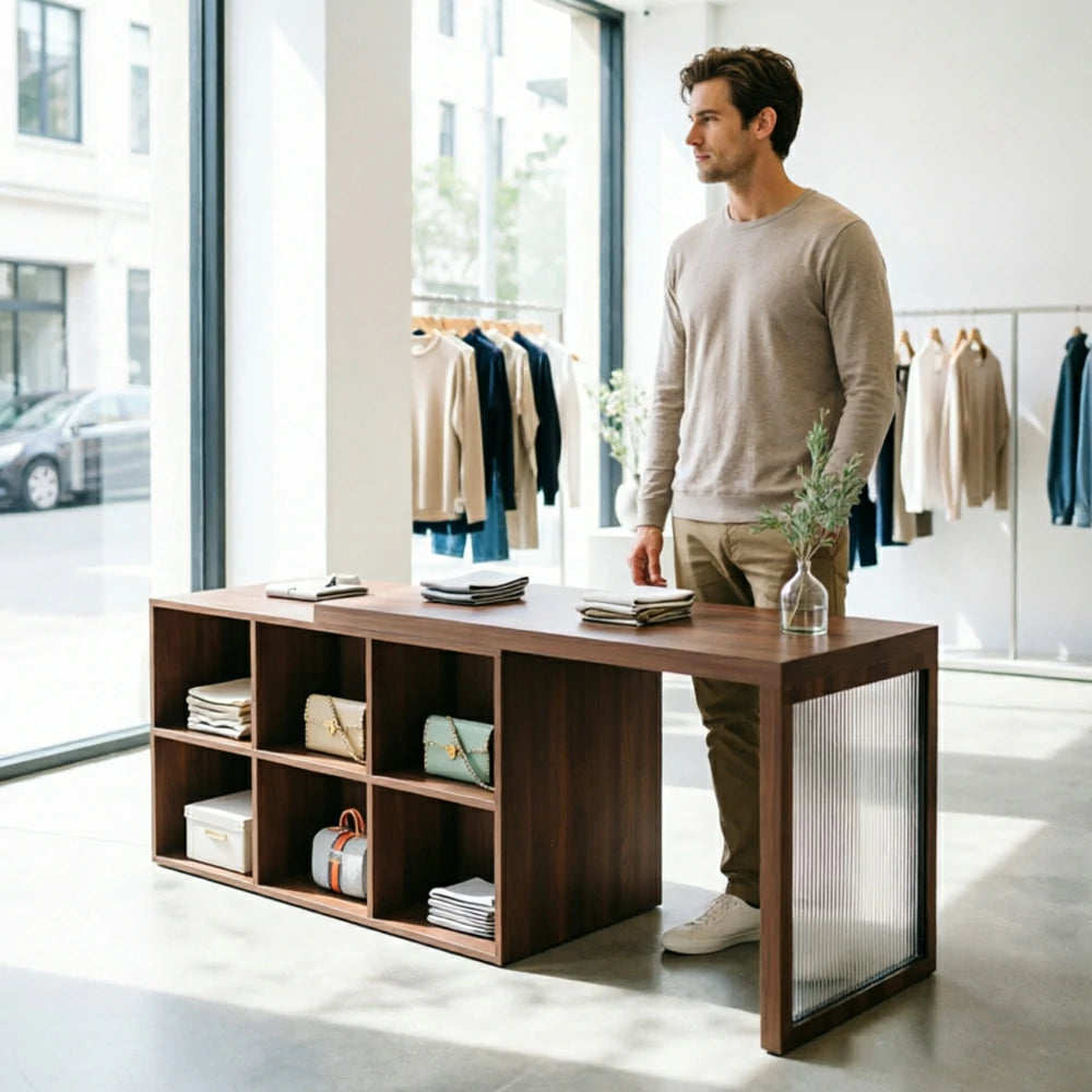 LIVARA 120/180cm Retail Island Display Cabinet with 6-Compartment Storage for Clothing Store - Walnut