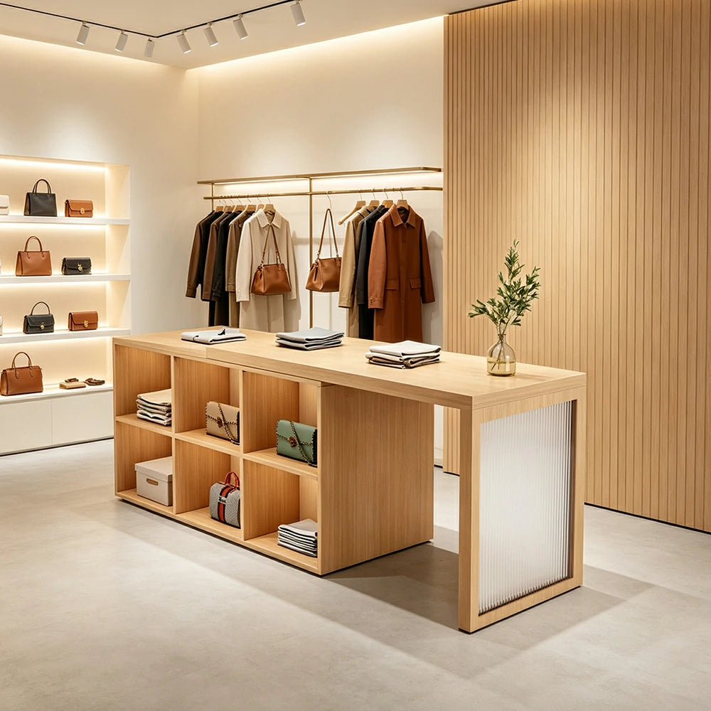 LIVARA 120/180cm Retail Island Display Cabinet with 6-Compartment Storage for Clothing Store - Wood