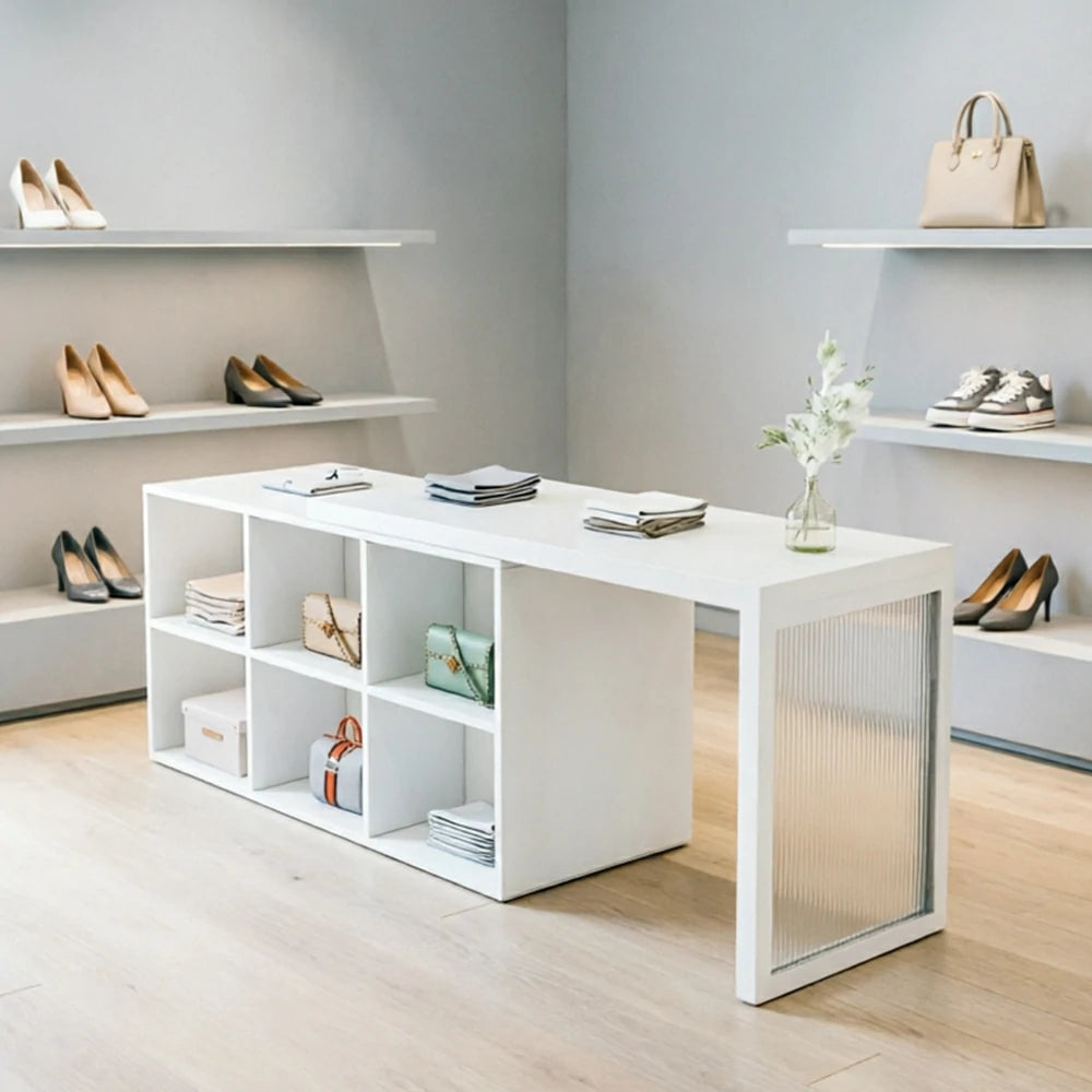 LIVARA 120/180cm Retail Island Display Cabinet with 6-Compartment Storage for Clothing Store - White