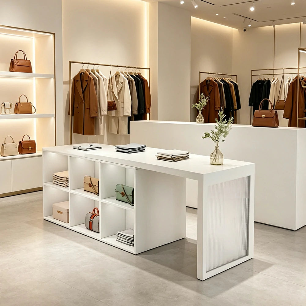 LIVARA 120/180cm Retail Island Display Cabinet with 6-Compartment Storage for Clothing Store - White