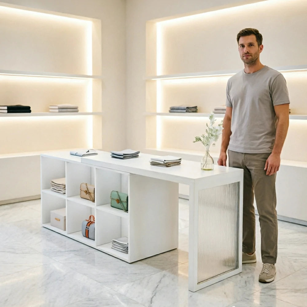 LIVARA 120/180cm Retail Island Display Cabinet with 6-Compartment Storage for Clothing Store - White