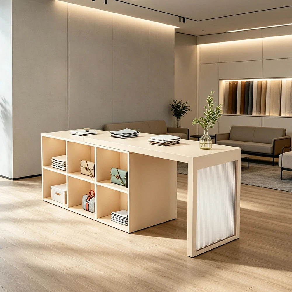 LIVARA 120/180cm Retail Island Display Cabinet with 6-Compartment Storage for Clothing Store - Beige