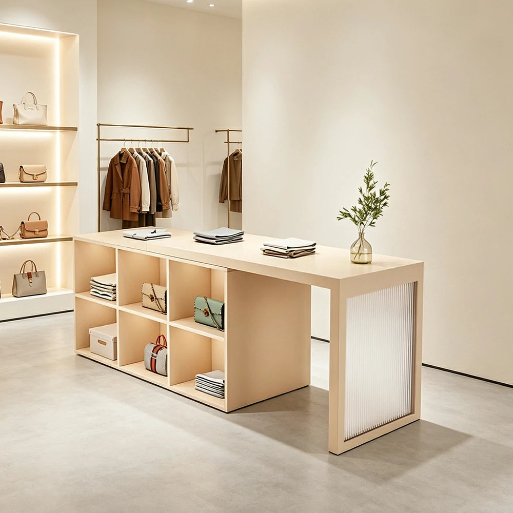 LIVARA 120/180cm Retail Island Display Cabinet with 6-Compartment Storage for Clothing Store - Beige