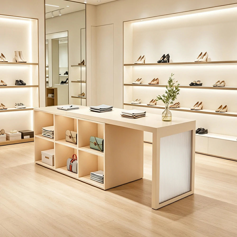 LIVARA 120/180cm Retail Island Display Cabinet with 6-Compartment Storage for Clothing Store - Beige