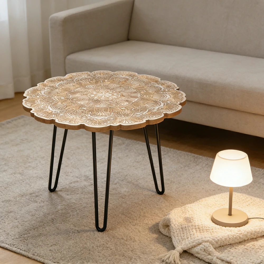 LIVARA Vintage Carved Coffee Table Solid Wood Top Metal Hairpin Legs Floral Designer Accent Table