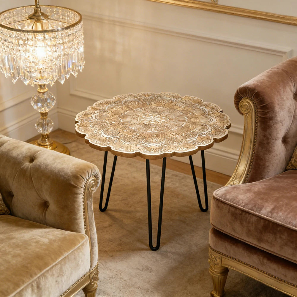 LIVARA Vintage Carved Coffee Table Solid Wood Top Metal Hairpin Legs Floral Designer Accent Table