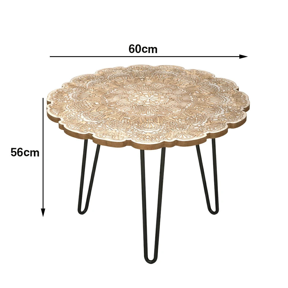 LIVARA Vintage Carved Coffee Table Solid Wood Top Metal Hairpin Legs Floral Designer Accent Table