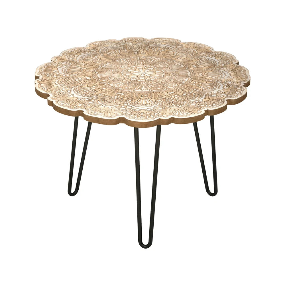 LIVARA Vintage Carved Coffee Table Solid Wood Top Metal Hairpin Legs Floral Designer Accent Table