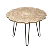 LIVARA Vintage Carved Coffee Table Solid Wood Top Metal Hairpin Legs Floral Designer Accent Table