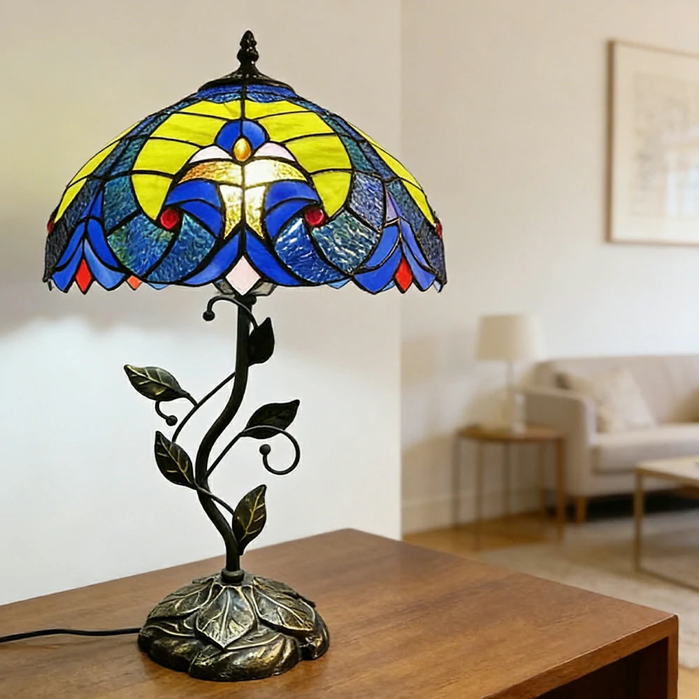 LIVARA Tiffany Stained Glass Table Lamp Pull Chain Switch 30x45cm for Bedroom Living Room Study - Light Yellow