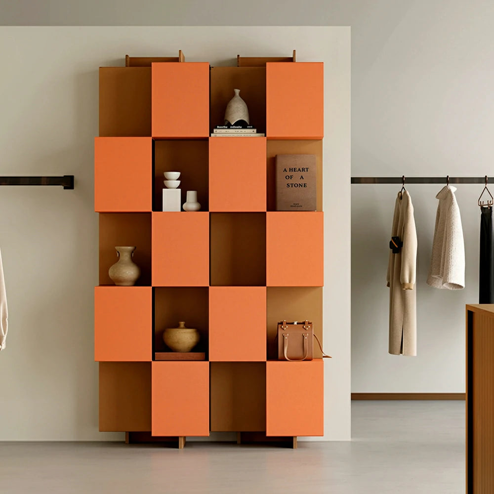 LIVARA Modular Storage Cabinet Square Grid Display Shelf Open Bookcase Organizer for Living Room Bedroom Office - Orange & Brown