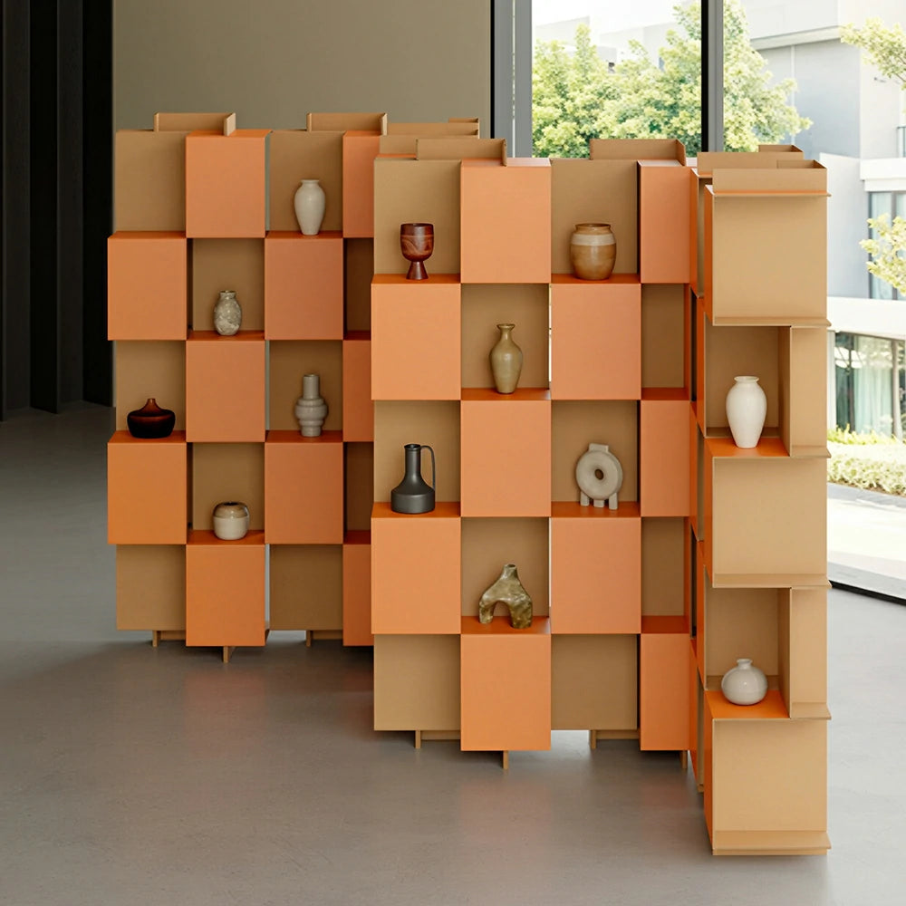LIVARA Modular Storage Cabinet Square Grid Display Shelf Open Bookcase Organizer for Living Room Bedroom Office - Orange & Brown