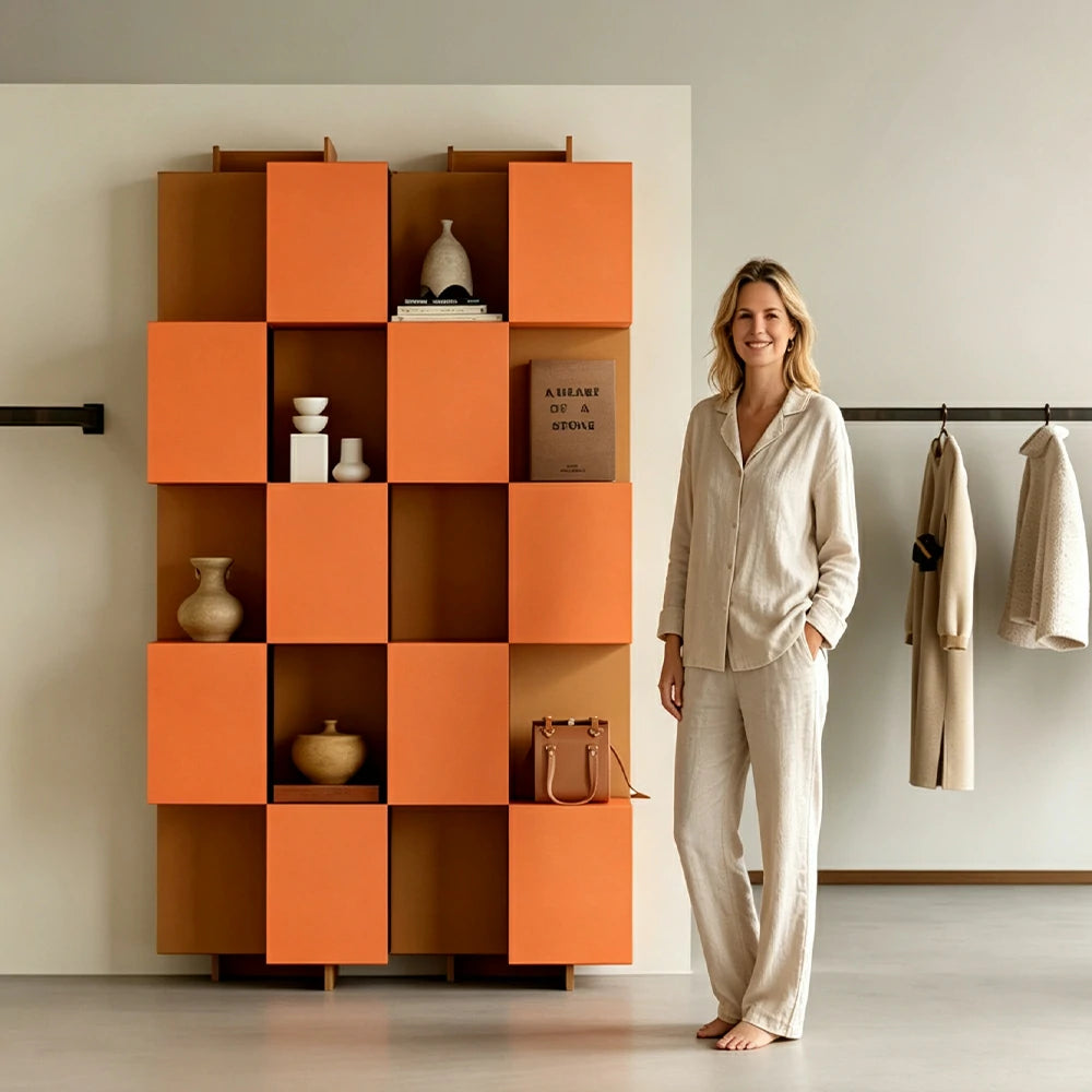 LIVARA Modular Storage Cabinet Square Grid Display Shelf Open Bookcase Organizer for Living Room Bedroom Office - Orange & Brown