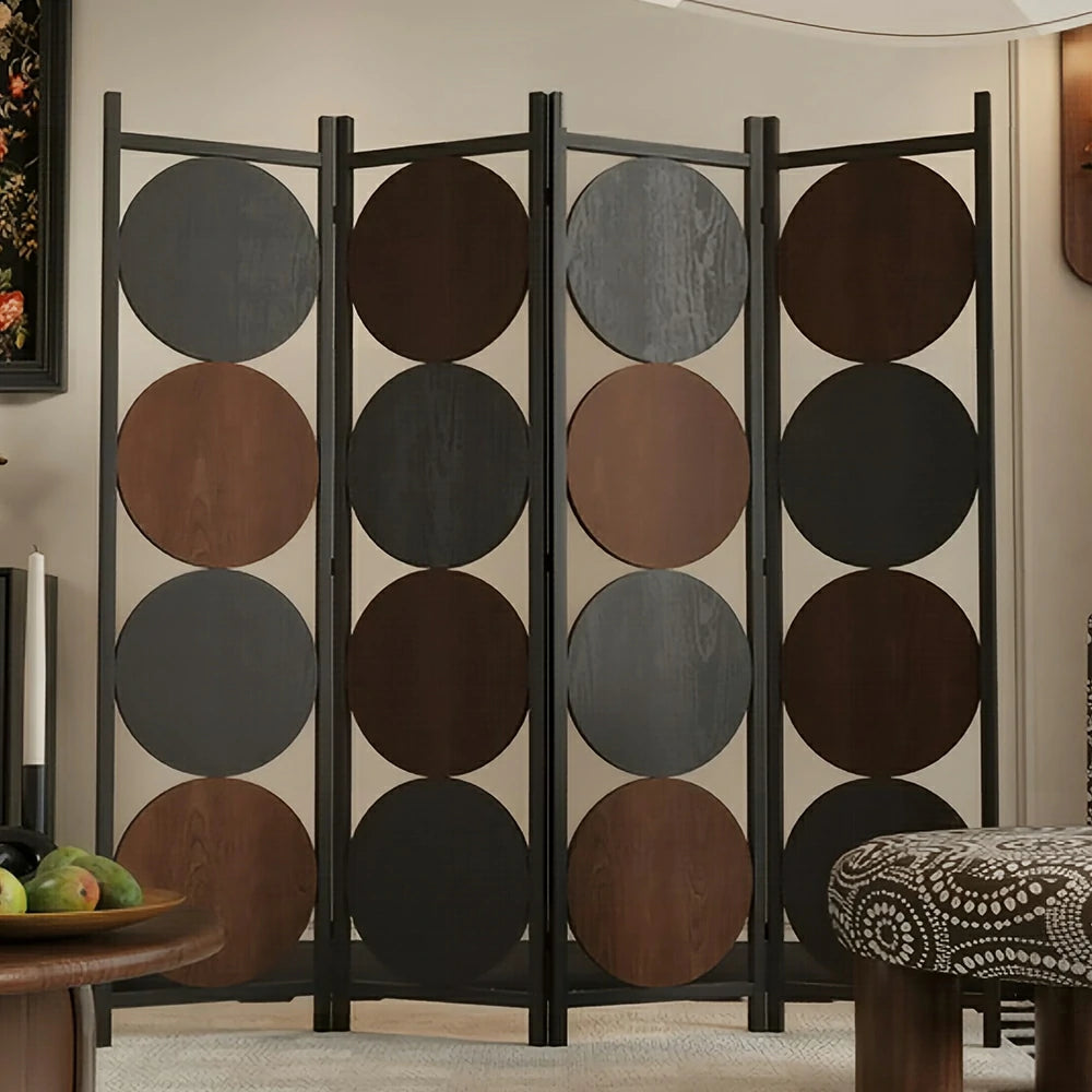 LIVARA 4 Panel Decorative Folding Screen Modern Circle Pattern Room Divider Privacy Partition for Living Room Office Bedroom - Black & Brown