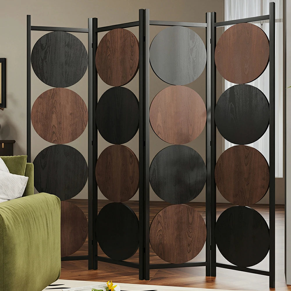 LIVARA 4 Panel Decorative Folding Screen Modern Circle Pattern Room Divider Privacy Partition for Living Room Office Bedroom - Black & Brown