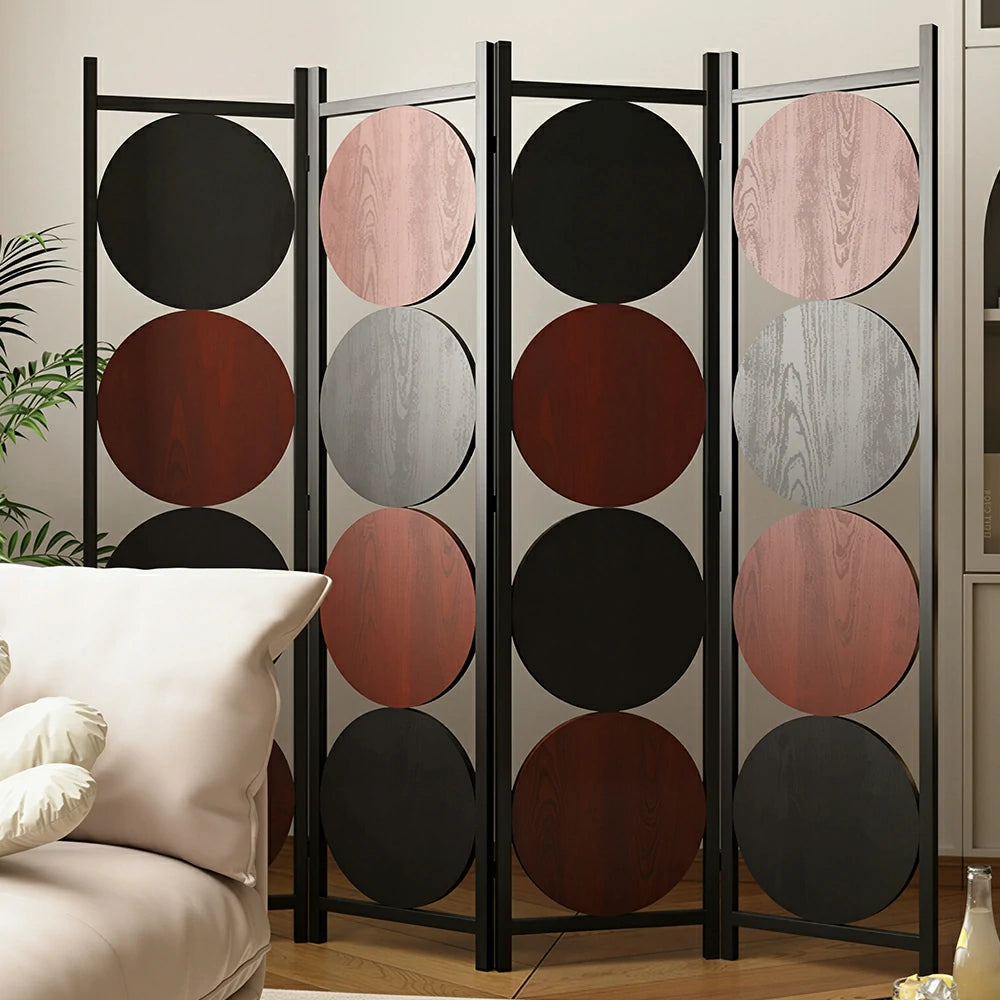 LIVARA 4 Panel Decorative Folding Screen Modern Circle Pattern Room Divider Privacy Partition for Living Room Office Bedroom - Black & Brown
