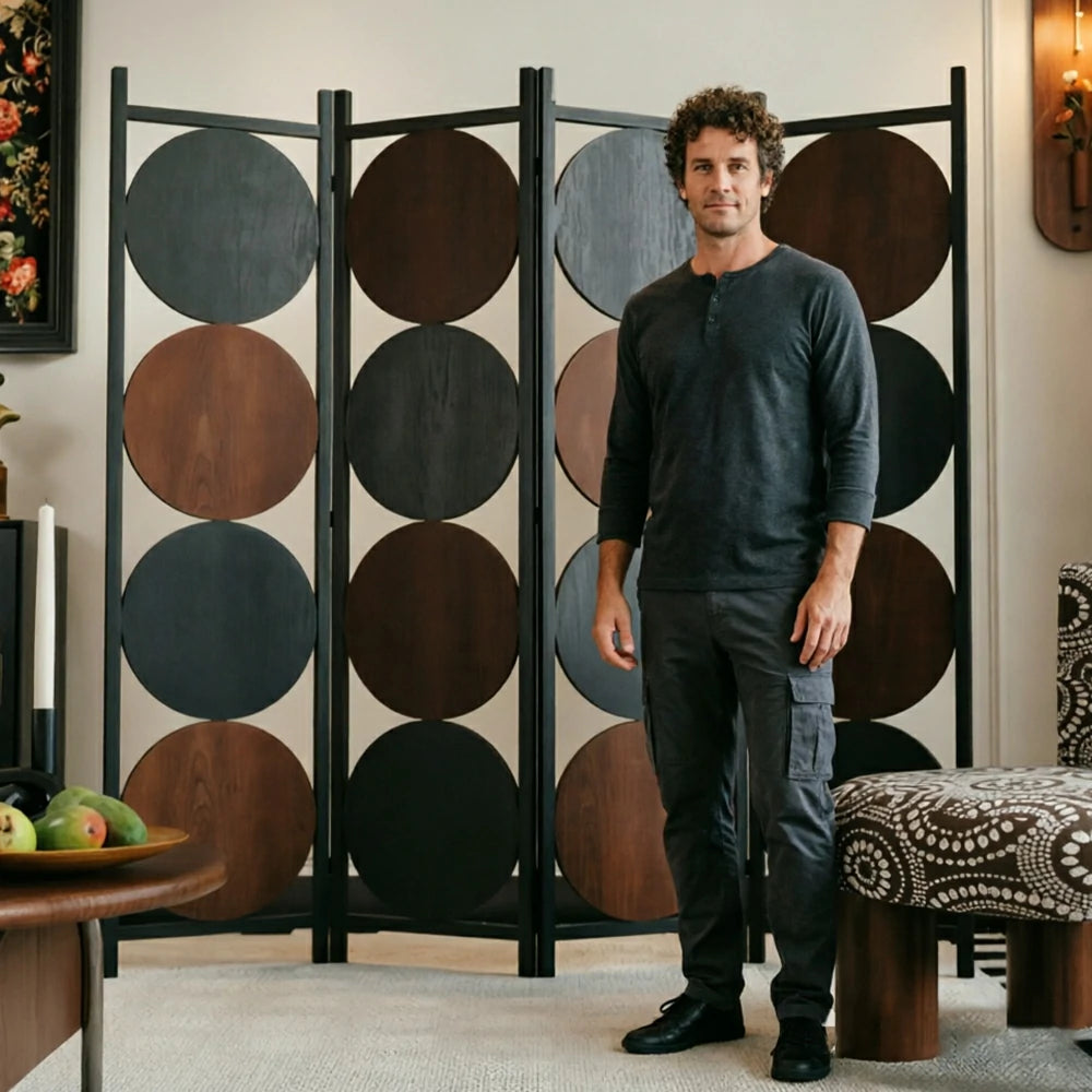 LIVARA 4 Panel Decorative Folding Screen Modern Circle Pattern Room Divider Privacy Partition for Living Room Office Bedroom - Black & Brown