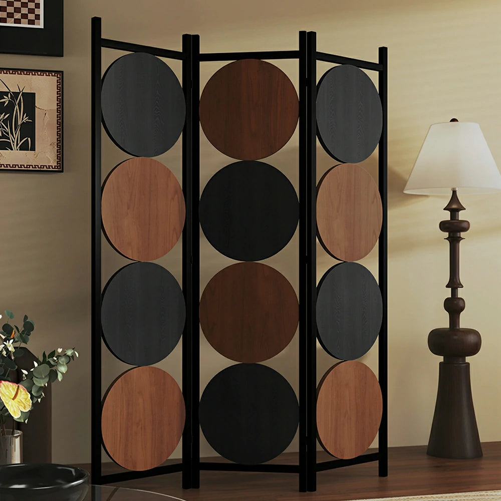 LIVARA 3 Panel Decorative Folding Screen Modern Circle Pattern Room Divider Privacy Partition for Living Room Bedroom Office - Black & Brown
