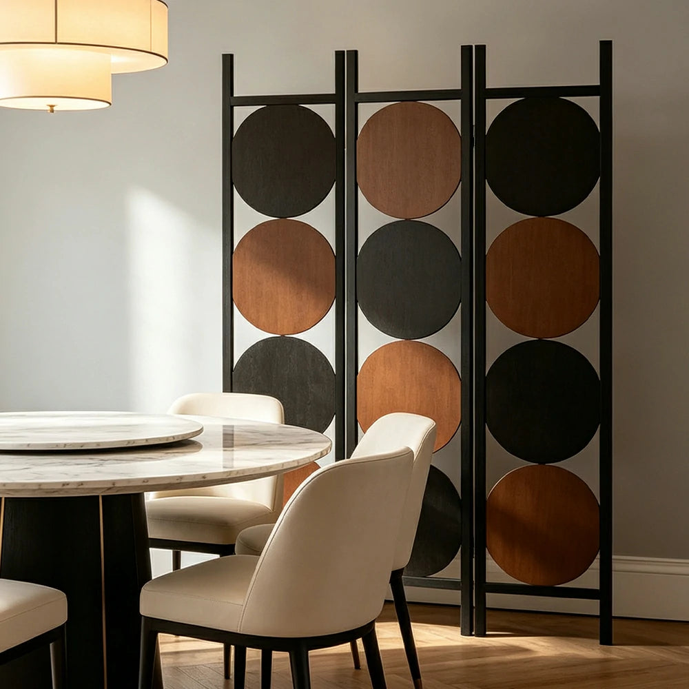 LIVARA 3 Panel Decorative Folding Screen Modern Circle Pattern Room Divider Privacy Partition for Living Room Bedroom Office - Black & Brown