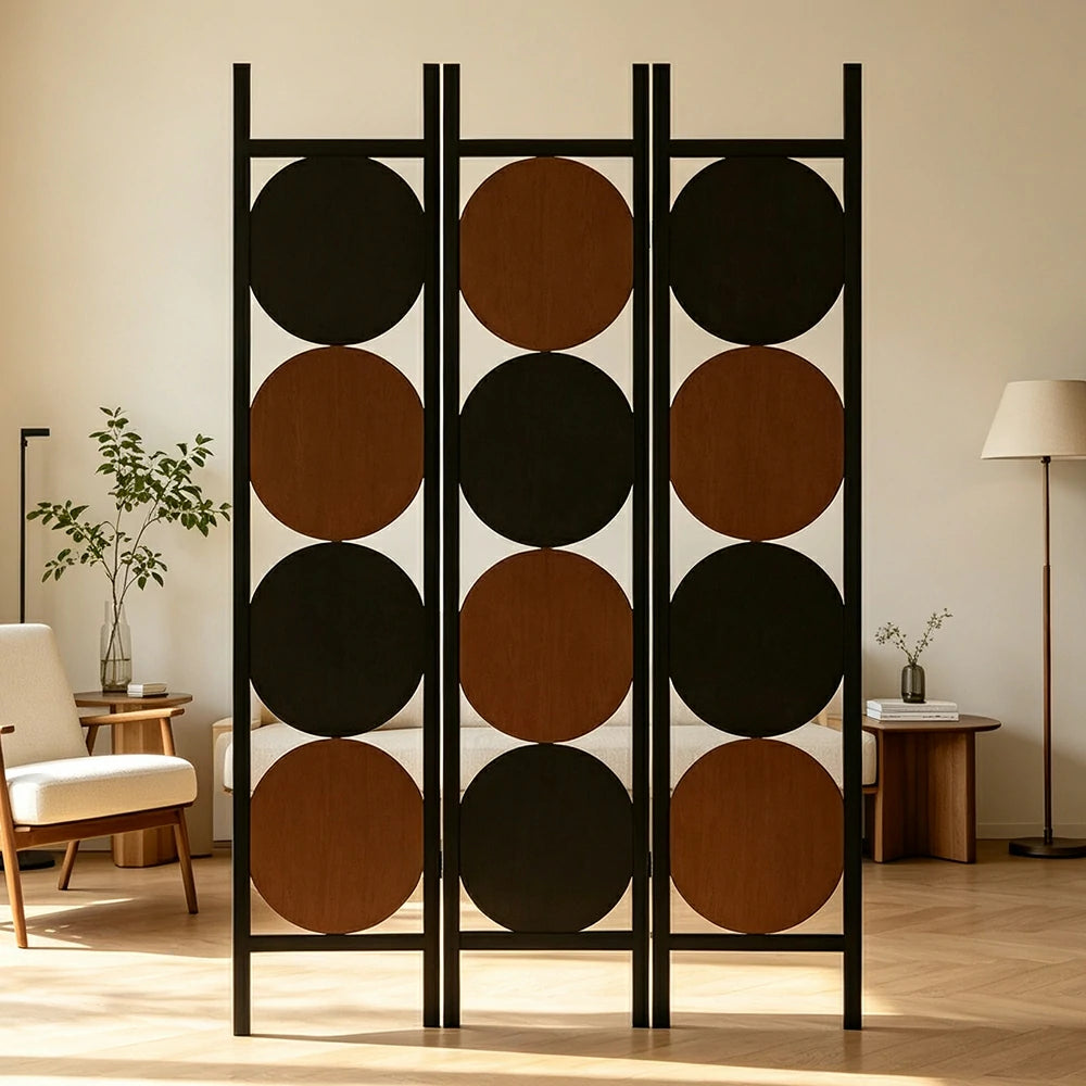 LIVARA 3 Panel Decorative Folding Screen Modern Circle Pattern Room Divider Privacy Partition for Living Room Bedroom Office - Black & Brown