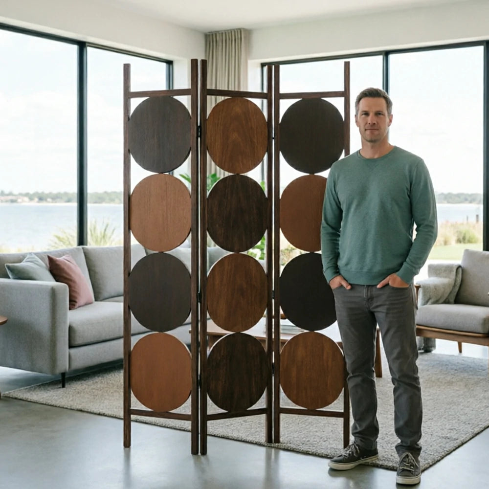 LIVARA 3 Panel Decorative Folding Screen Modern Circle Pattern Room Divider Privacy Partition for Living Room Bedroom Office - Black & Brown