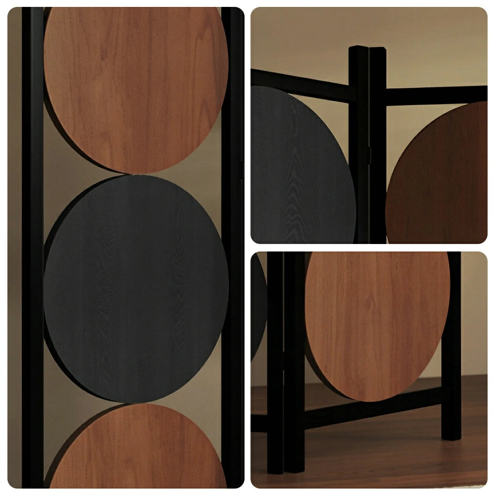 LIVARA 3 Panel Decorative Folding Screen Modern Circle Pattern Room Divider Privacy Partition for Living Room Bedroom Office - Black & Brown