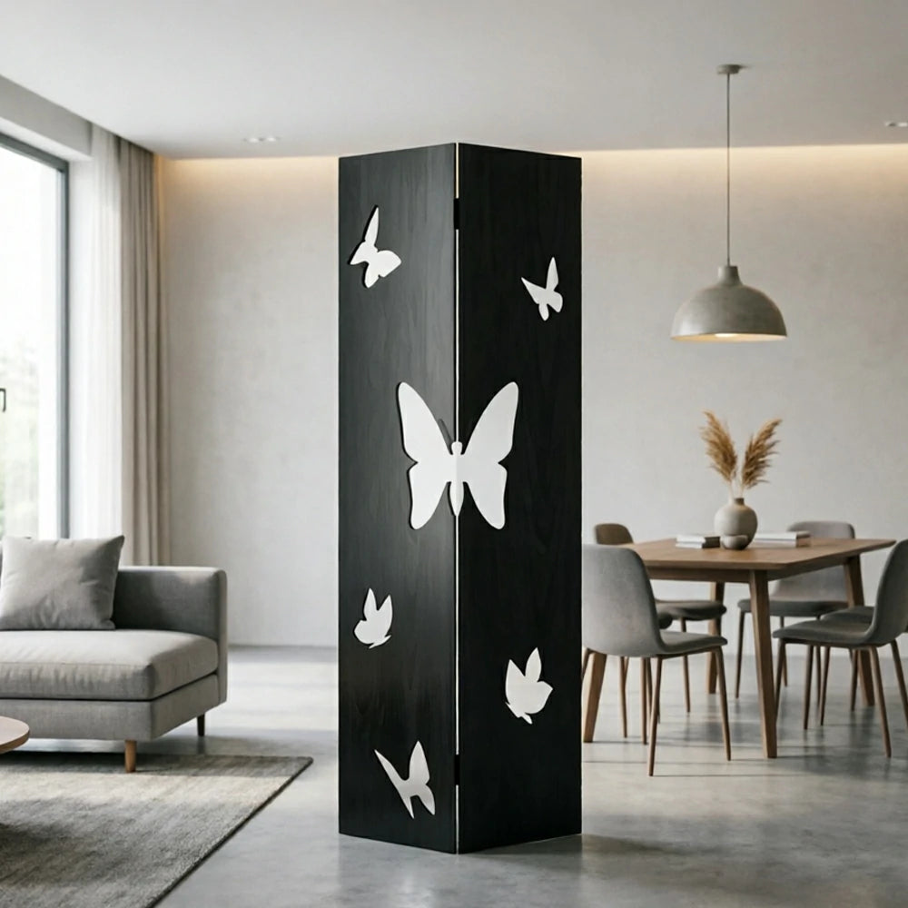 LIVARA 2 Panel Decorative Folding Screen Butterfly Cutout Design Room Divider Privacy Partition for Living Room Bedroom Office - Black