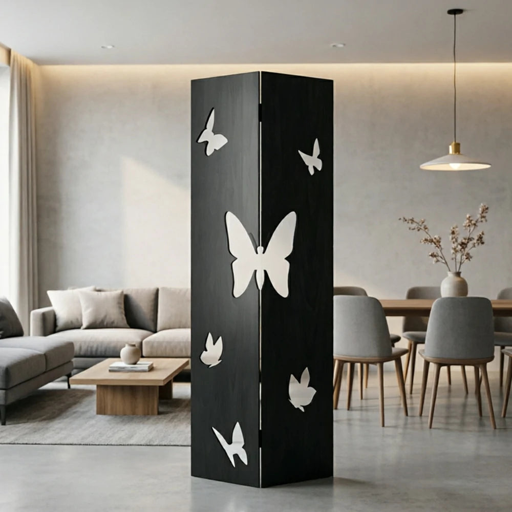 LIVARA 2 Panel Decorative Folding Screen Butterfly Cutout Design Room Divider Privacy Partition for Living Room Bedroom Office - Black