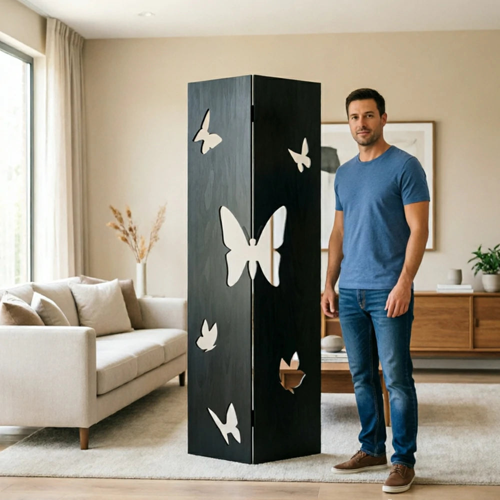 LIVARA 2 Panel Decorative Folding Screen Butterfly Cutout Design Room Divider Privacy Partition for Living Room Bedroom Office - Black