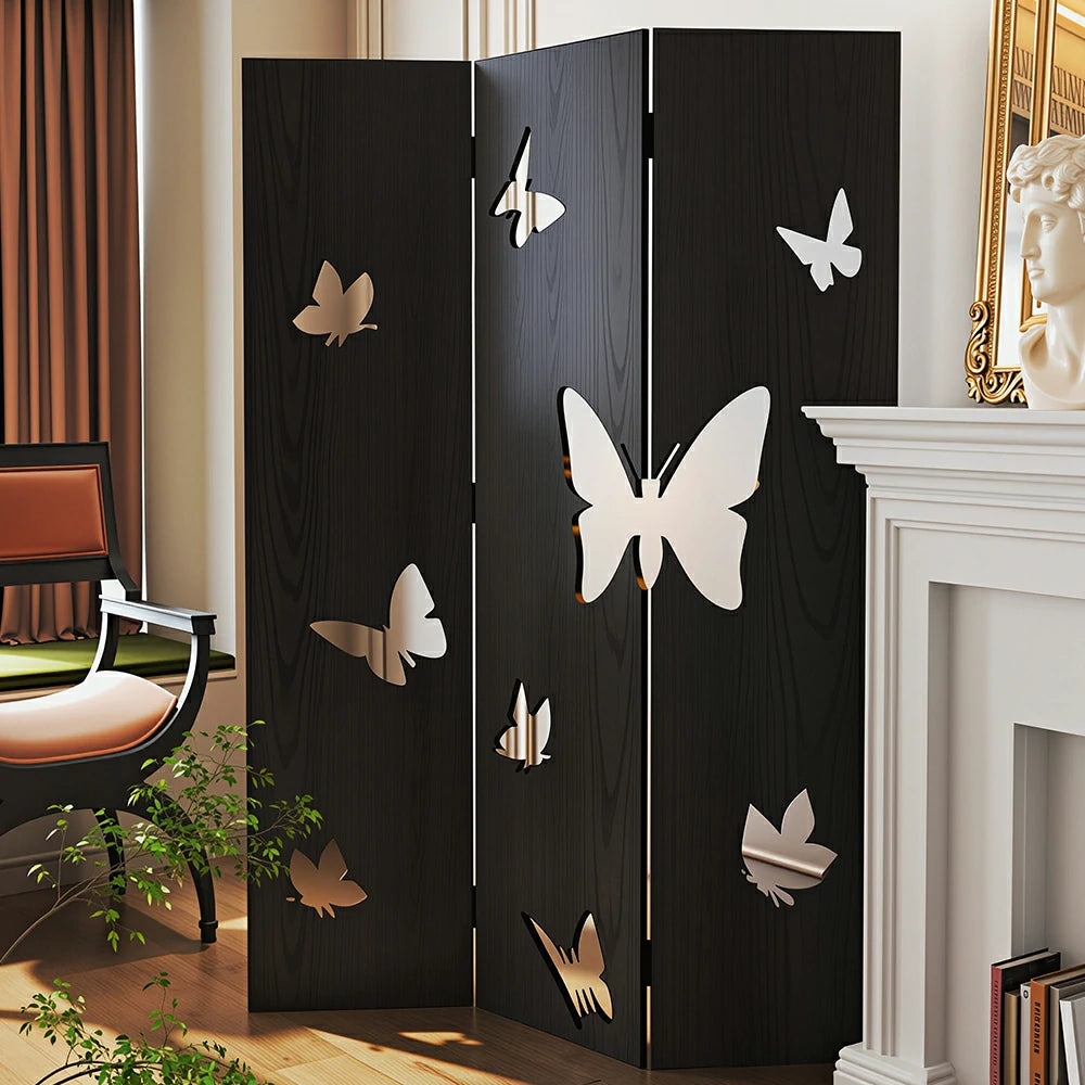 LIVARA 3 Panel Decorative Folding Screen Butterfly Cutout Design Room Divider Privacy Partition for Living Room Bedroom Office - Black