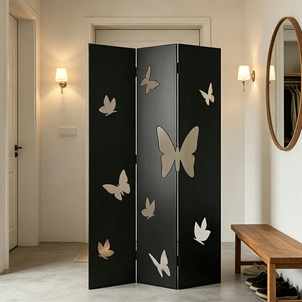 LIVARA 3 Panel Decorative Folding Screen Butterfly Cutout Design Room Divider Privacy Partition for Living Room Bedroom Office - Black