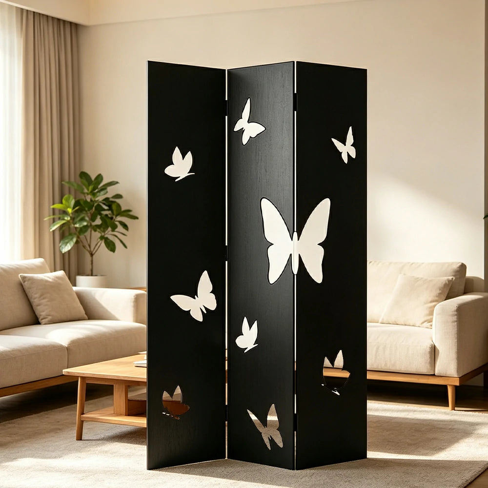 LIVARA 3 Panel Decorative Folding Screen Butterfly Cutout Design Room Divider Privacy Partition for Living Room Bedroom Office - Black