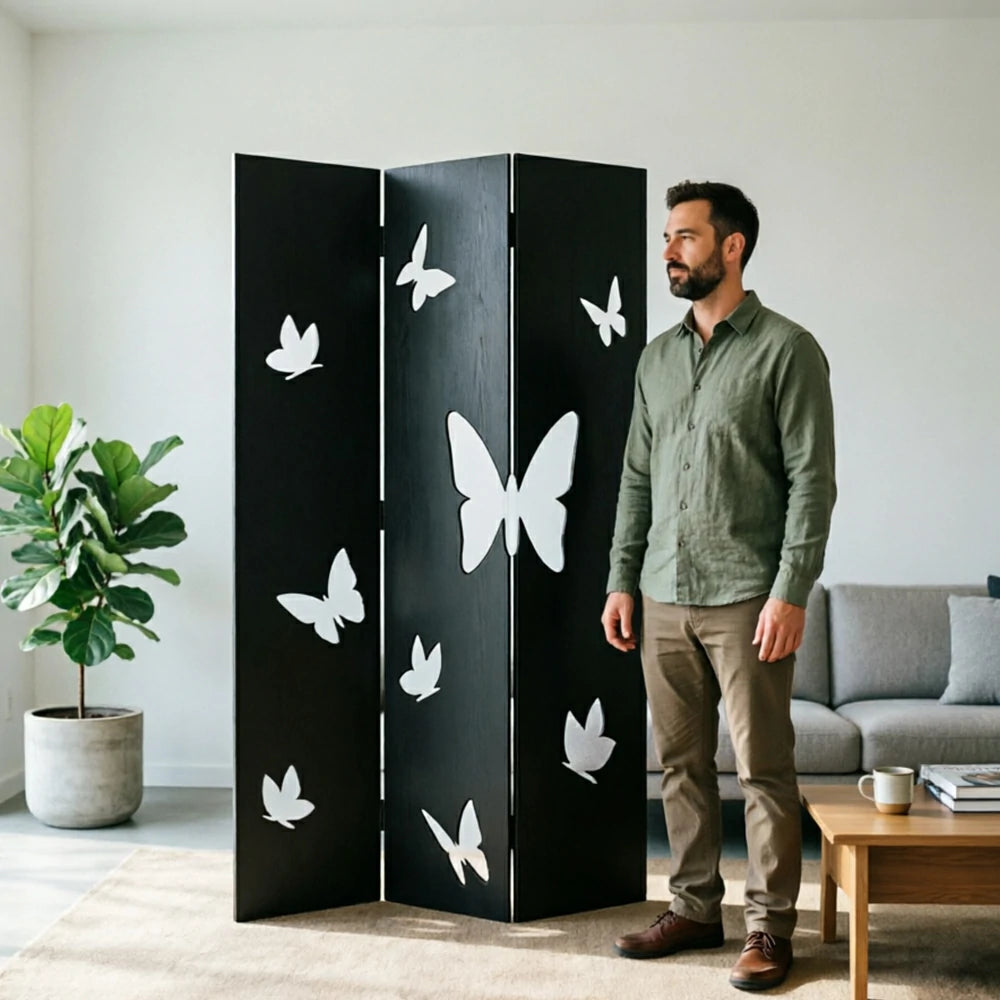 LIVARA 3 Panel Decorative Folding Screen Butterfly Cutout Design Room Divider Privacy Partition for Living Room Bedroom Office - Black