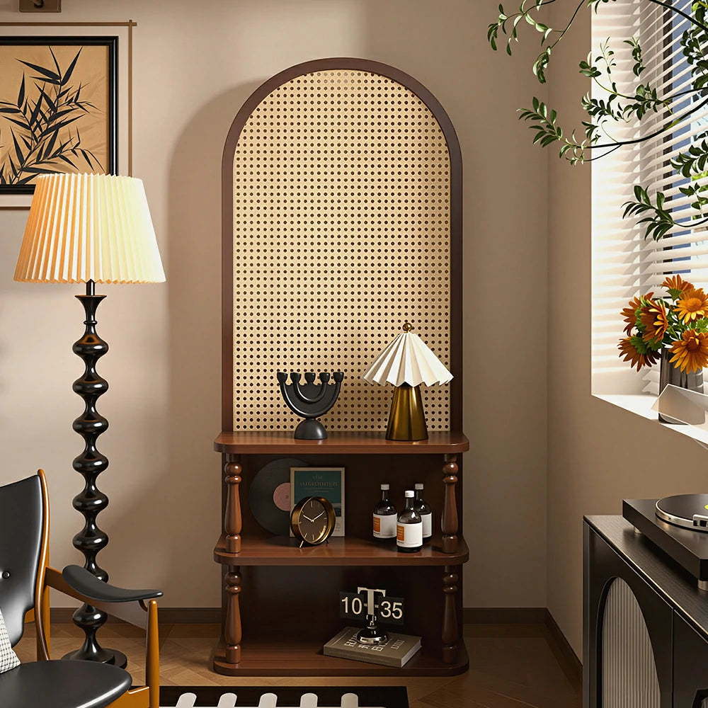 LIVARA Arch Display Shelf Rattan Backdrop Solid Wood Storage Cabinet Open Bookcase Organizer for Living Room Bedroom Entryway - Brown