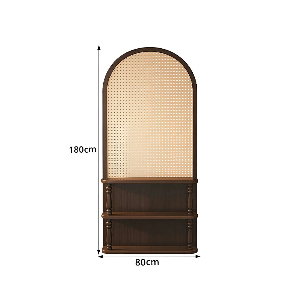 LIVARA Arch Display Shelf Rattan Backdrop Solid Wood Storage Cabinet Open Bookcase Organizer for Living Room Bedroom Entryway - Brown