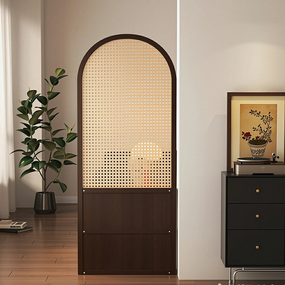 LIVARA Arch Display Shelf Rattan Backdrop Solid Wood Storage Cabinet Open Bookcase Organizer for Living Room Bedroom Entryway - Brown