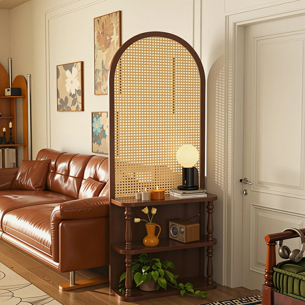 LIVARA Arch Display Shelf Rattan Backdrop Solid Wood Storage Cabinet Open Bookcase Organizer for Living Room Bedroom Entryway - Brown