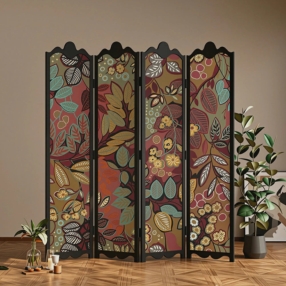 LIVARA 4 Panel Decorative Folding Screen Floral Pattern Room Divider Privacy Partition Solid Wood Frame for Living Room Bedroom - Multicolour