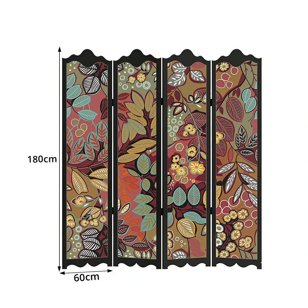 LIVARA 4 Panel Decorative Folding Screen Floral Pattern Room Divider Privacy Partition Solid Wood Frame for Living Room Bedroom - Multicolour