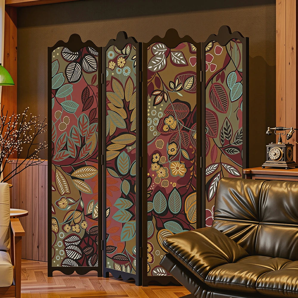 LIVARA 4 Panel Decorative Folding Screen Floral Pattern Room Divider Privacy Partition Solid Wood Frame for Living Room Bedroom - Multicolour