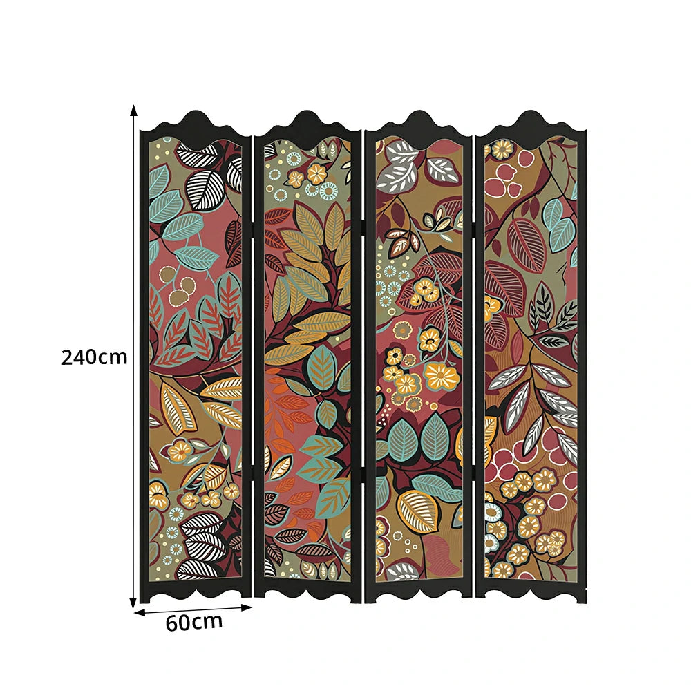 LIVARA 4 Panel Decorative Folding Screen Floral Pattern Room Divider Privacy Partition Solid Wood Frame for Living Room Bedroom - Multicolour