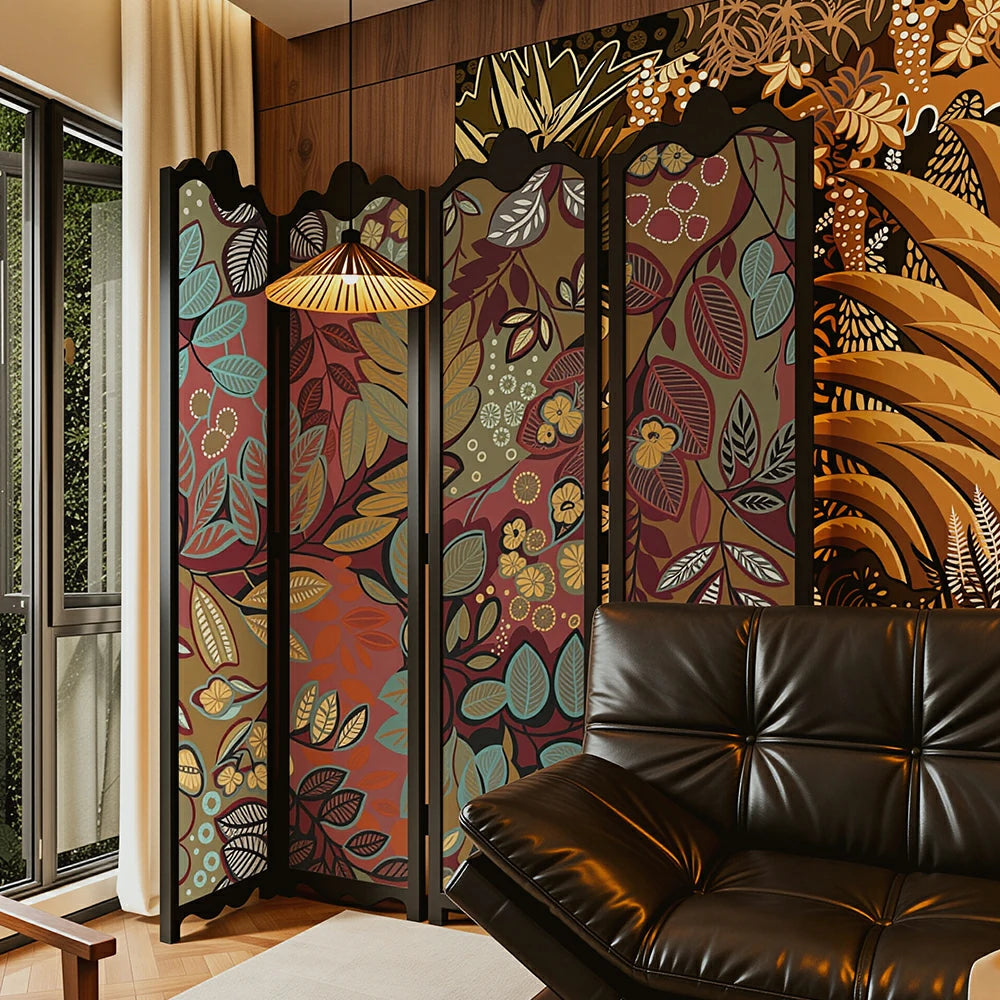 LIVARA 4 Panel Decorative Folding Screen Floral Pattern Room Divider Privacy Partition Solid Wood Frame for Living Room Bedroom - Multicolour