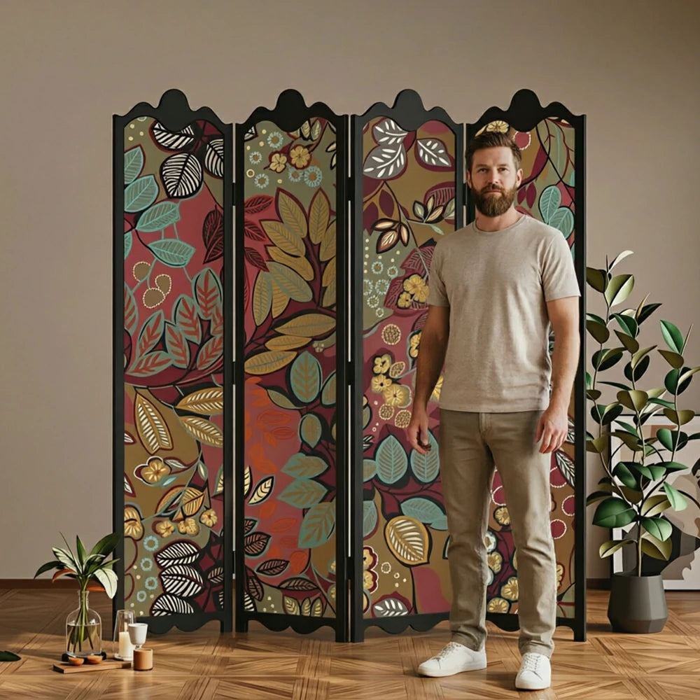 LIVARA 4 Panel Decorative Folding Screen Floral Pattern Room Divider Privacy Partition Solid Wood Frame for Living Room Bedroom - Multicolour