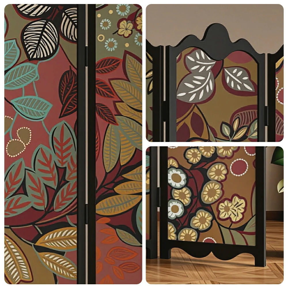LIVARA 4 Panel Decorative Folding Screen Floral Pattern Room Divider Privacy Partition Solid Wood Frame for Living Room Bedroom - Multicolour