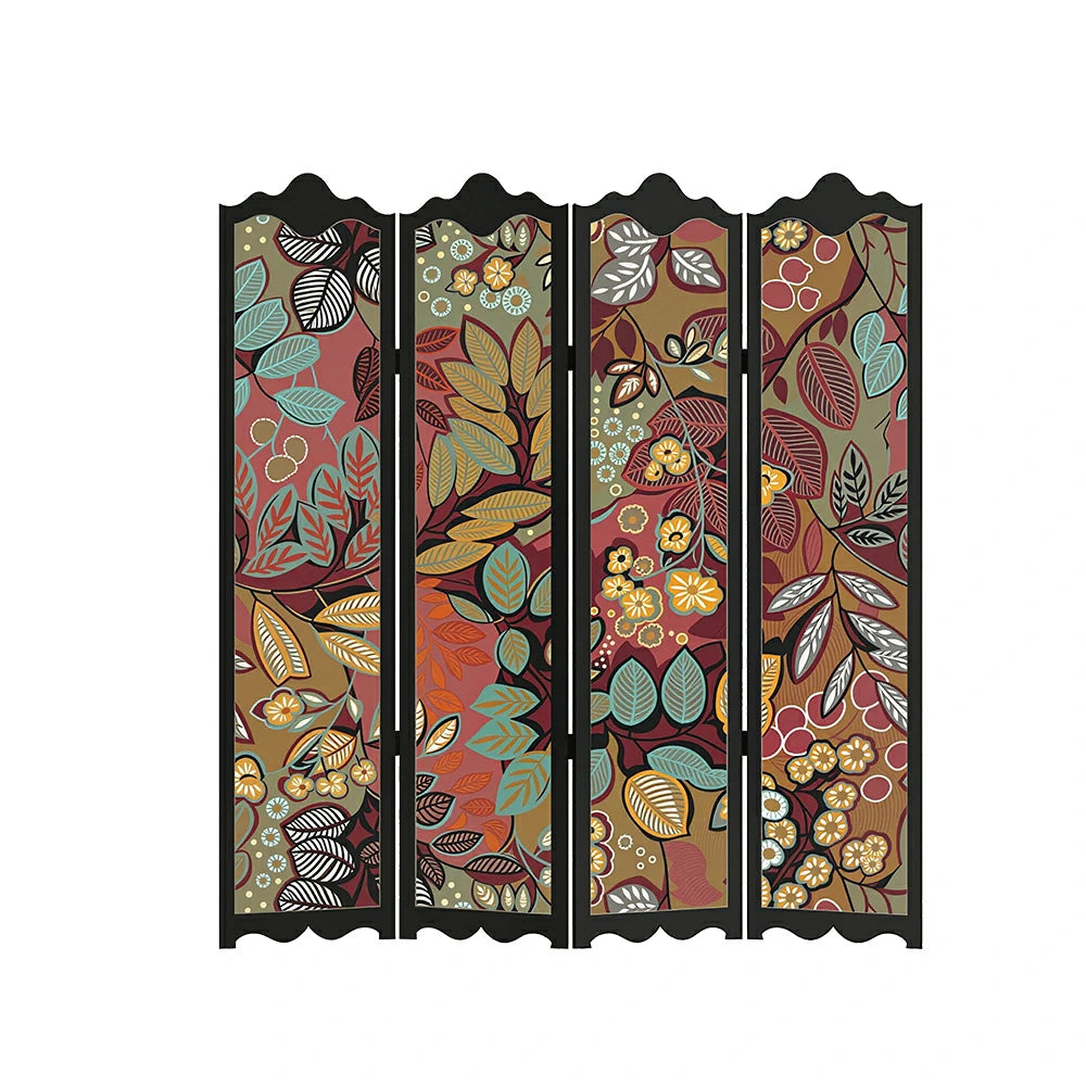 LIVARA 4 Panel Decorative Folding Screen Floral Pattern Room Divider Privacy Partition Solid Wood Frame for Living Room Bedroom - Multicolour