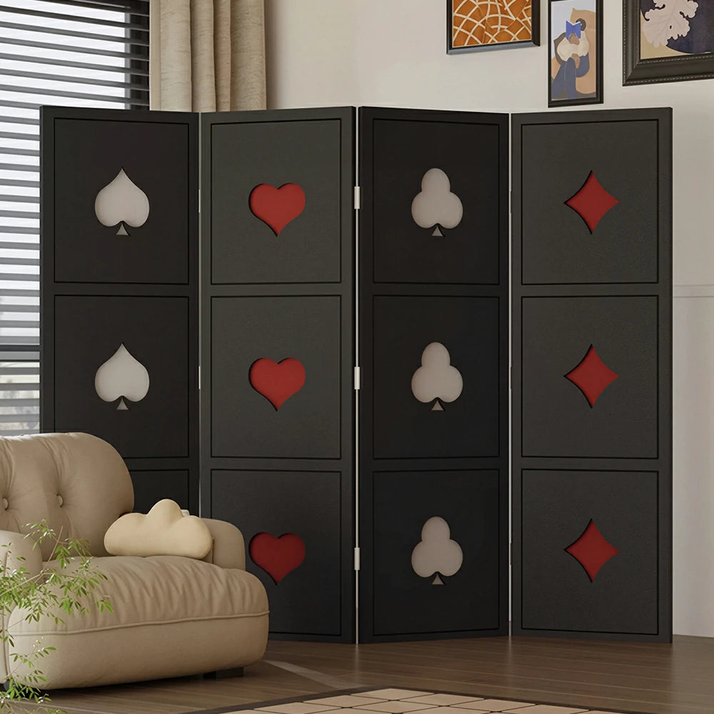 LIVARA 4 Panel Decorative Folding Screen Poker Pattern Design Room Divider Privacy Partition for Living Room Bedroom Office - Black