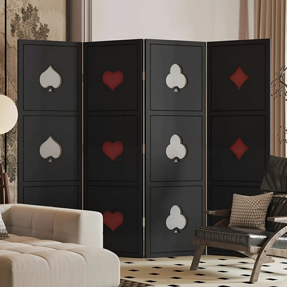 LIVARA 4 Panel Decorative Folding Screen Poker Pattern Design Room Divider Privacy Partition for Living Room Bedroom Office - Black